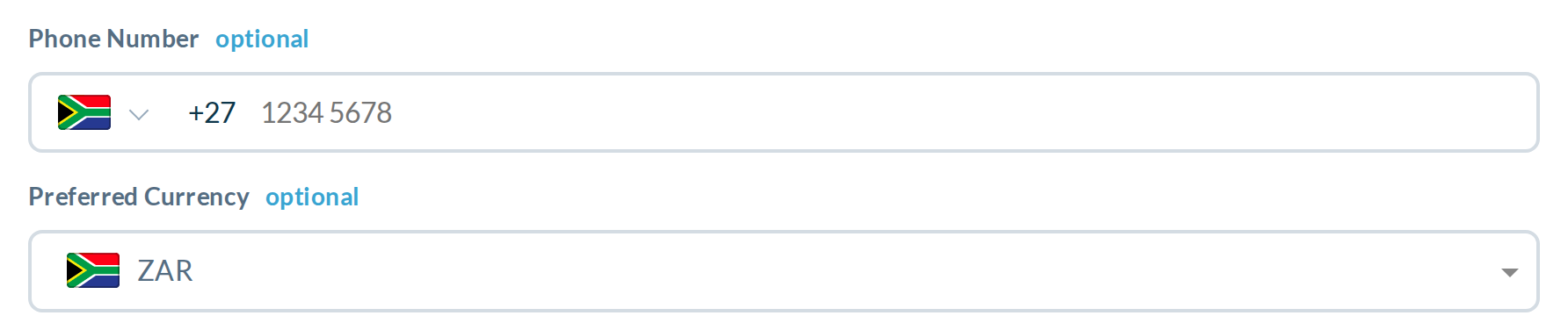 Opened from a ZAR transfer (pc=ZAR): South Africa +27 pre-selected, matching the currency below