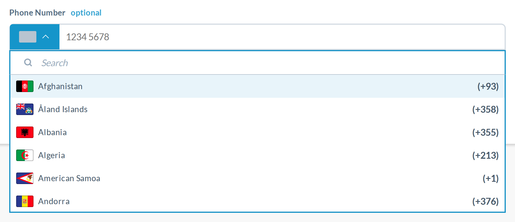 Today, list open: blue block around the grey swatch. Åland Islands also shows the wrong flag here (see bugs).