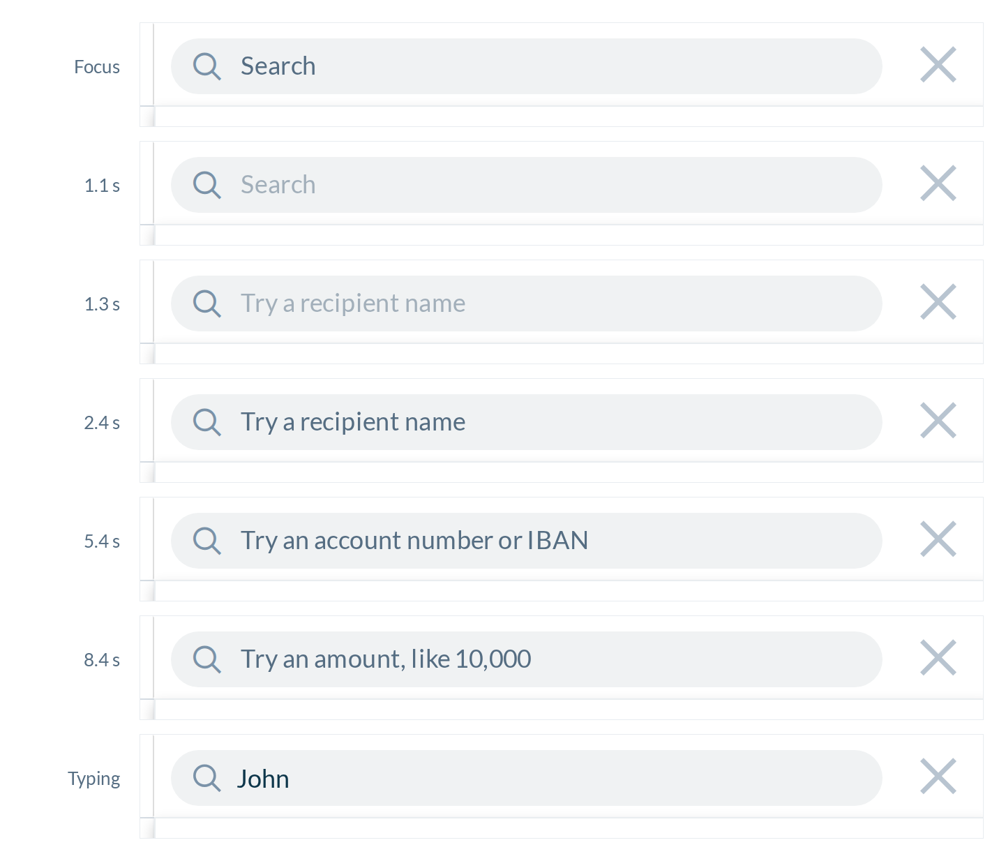 From focus to typing: "Search" fades at 1.1 s, examples change every 3 s, and typing stops the rotation with no overlap.