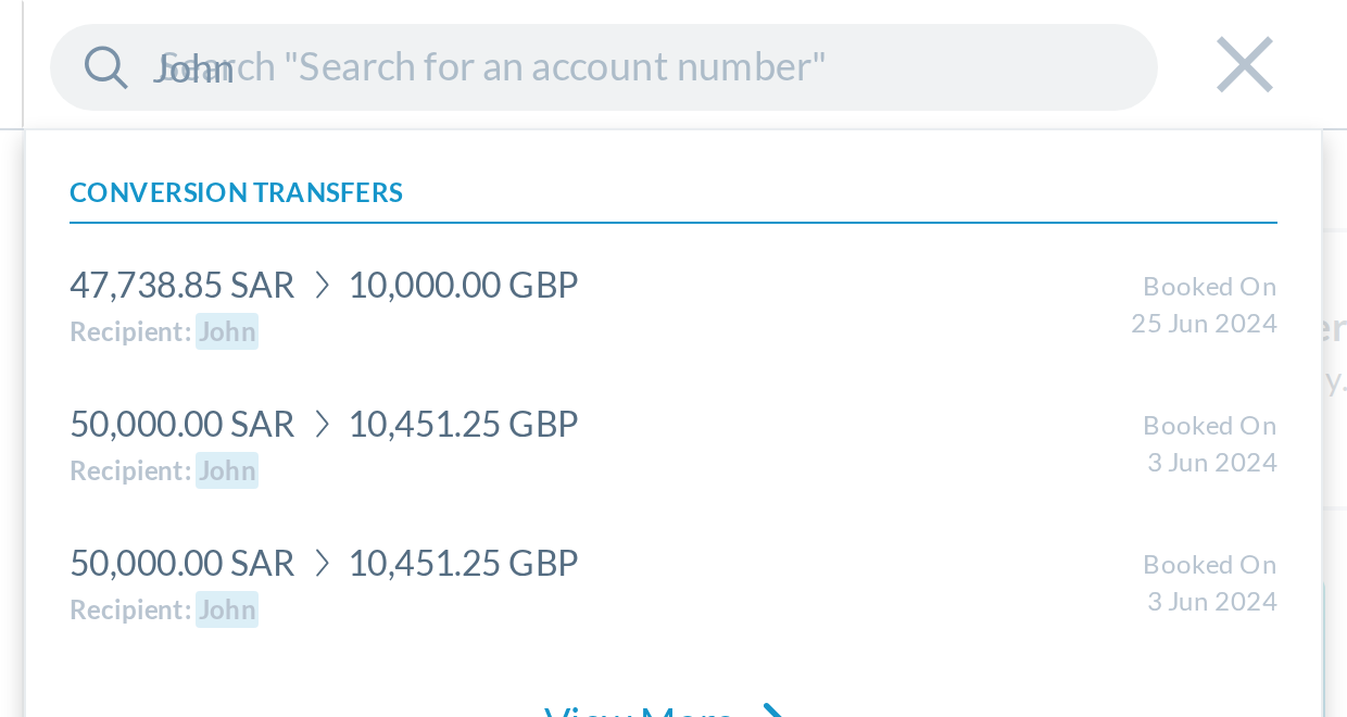 Type "John" and pause for 5 s: the next rotation tick draws `Search "Search for an account number"` over the query. Results are stubbed from real dev recipients and transfers.